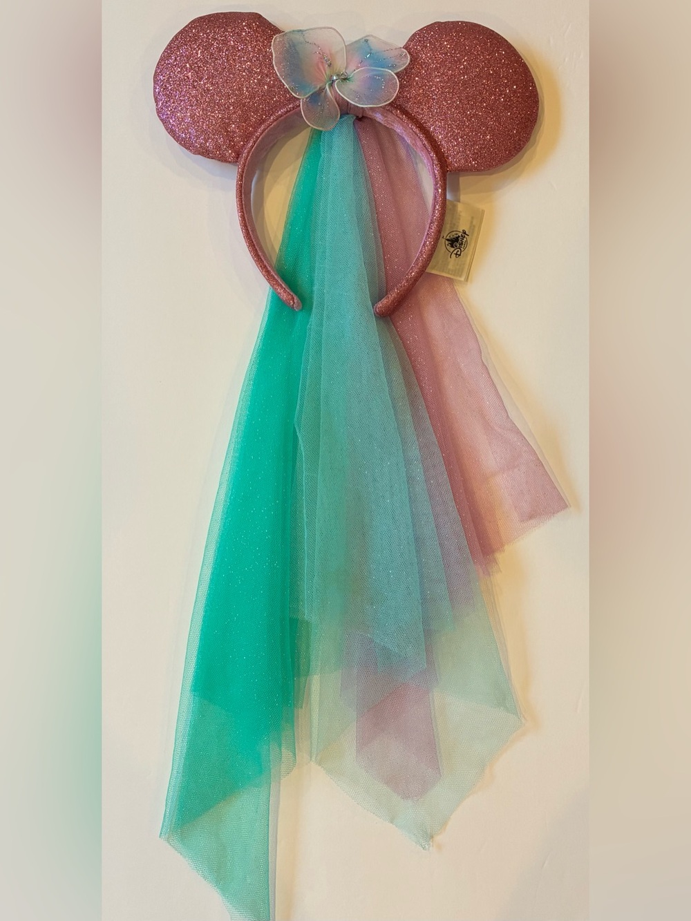 Disney Parks Minnie Mouse Ears Headband Pink Glitter Tulle Veil Flower